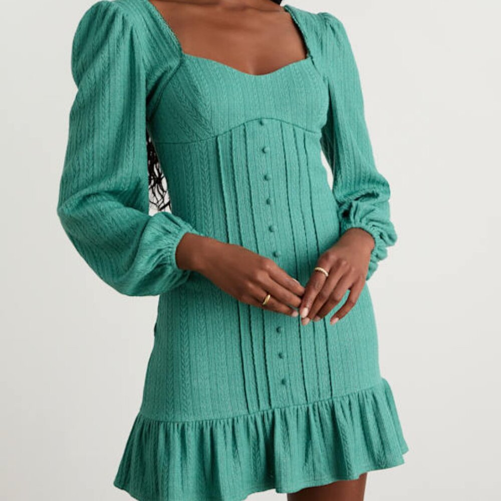 Lulus Coveted Sweetness Teal Pointelle Knit Long Sleeve Mini Dress Green